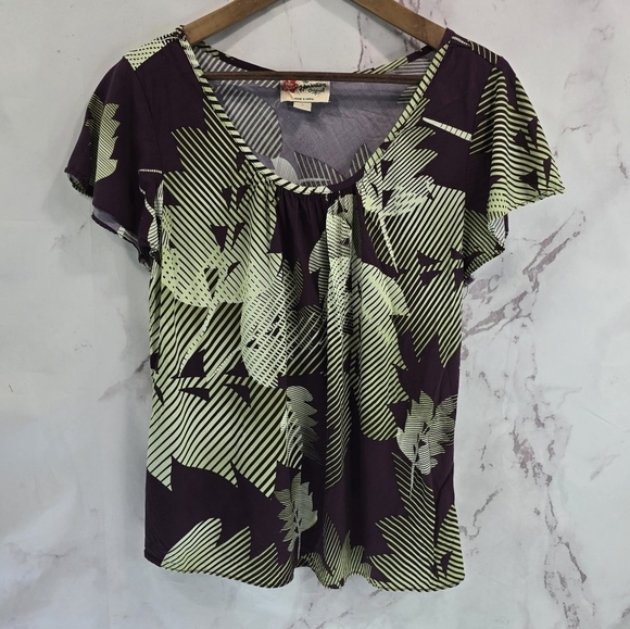 Hilo Hatties Shirt Womens Large Purple Green Hawaiian Leaf Vintage Short Sleeve - Picture 1 of 9